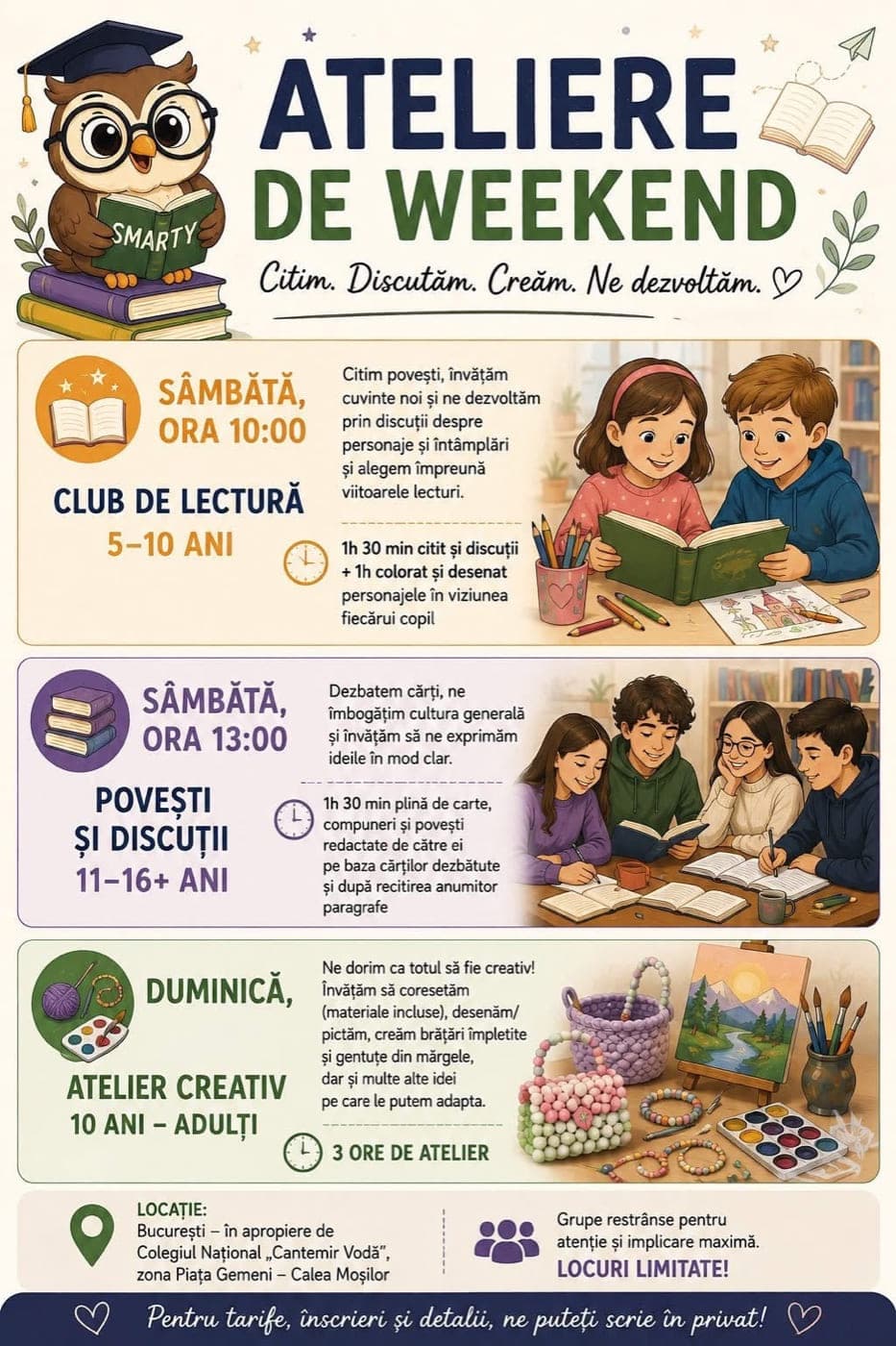 Pliantul atelierelor de weekend: club de lectură, povești și discuții, atelier creativ
